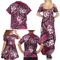 Polynesian Hibiscus Tropical Pink Floral Family Matching Summer Maxi Dress and Hawaiian Shirt Tribal Pattern - Polynesian Pride