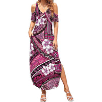 Polynesian Hibiscus Tropical Pink Floral Family Matching Summer Maxi Dress and Hawaiian Shirt Tribal Pattern - Polynesian Pride
