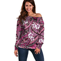 Polynesian Hibiscus Tropical Pink Floral Off Shoulder Sweater Tribal Pattern - Polynesian Pride