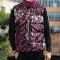 Polynesian Hibiscus Tropical Pink Floral Sleeveless Puffer Jacket Tribal Pattern - Polynesian Pride