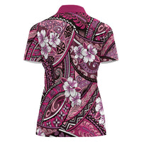 Polynesian Hibiscus Tropical Pink Floral Women Polo Shirt Tribal Pattern - Polynesian Pride