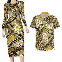 Polynesian Hibiscus Tropical Yellow Floral Couples Matching Long Sleeve Bodycon Dress and Hawaiian Shirt Tribal Pattern - Polynesian Pride