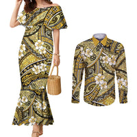 Polynesian Hibiscus Tropical Yellow Floral Couples Matching Mermaid Dress and Long Sleeve Button Shirt Tribal Pattern - Polynesian Pride