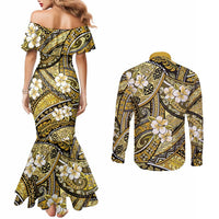 Polynesian Hibiscus Tropical Yellow Floral Couples Matching Mermaid Dress and Long Sleeve Button Shirt Tribal Pattern - Polynesian Pride