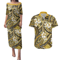 Polynesian Hibiscus Tropical Yellow Floral Couples Matching Puletasi and Hawaiian Shirt Tribal Pattern - Polynesian Pride