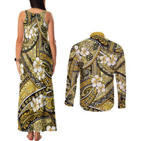 Polynesian Hibiscus Tropical Yellow Floral Couples Matching Tank Maxi Dress and Long Sleeve Button Shirt Tribal Pattern - Polynesian Pride
