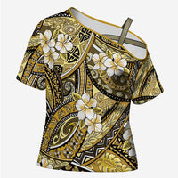 Polynesian Hibiscus Tropical Yellow Floral Cross Shoulder Shirt Tribal Pattern - Polynesian Pride