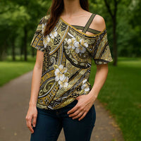 Polynesian Hibiscus Tropical Yellow Floral Cross Shoulder Shirt Tribal Pattern - Polynesian Pride