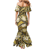 Polynesian Hibiscus Tropical Yellow Floral Family Matching Mermaid Dress and Hawaiian Shirt Tribal Pattern - Polynesian Pride