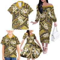 Polynesian Hibiscus Tropical Yellow Floral Family Matching Off The Shoulder Long Sleeve Dress and Hawaiian Shirt Tribal Pattern - Polynesian Pride