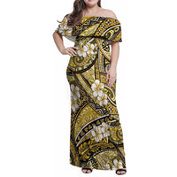 Polynesian Hibiscus Tropical Yellow Floral Family Matching Off Shoulder Maxi Dress and Hawaiian Shirt Tribal Pattern - Polynesian Pride