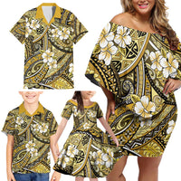 Polynesian Hibiscus Tropical Yellow Floral Family Matching Off Shoulder Short Dress and Hawaiian Shirt Tribal Pattern - Polynesian Pride