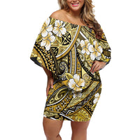 Polynesian Hibiscus Tropical Yellow Floral Family Matching Off Shoulder Short Dress and Hawaiian Shirt Tribal Pattern - Polynesian Pride
