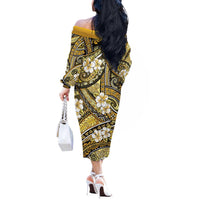 Polynesian Hibiscus Tropical Yellow Floral Off The Shoulder Long Sleeve Dress Tribal Pattern - Polynesian Pride