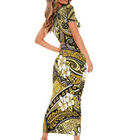 Polynesian Hibiscus Tropical Yellow Floral Short Sleeve Bodycon Dress Tribal Pattern - Polynesian Pride