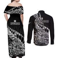 New Zealand Silver Fern Rugby Couples Matching Off Shoulder Maxi Dress and Long Sleeve Button Shirts Aotearoa Kiwi Maori Black Version LT01 - Polynesian Pride