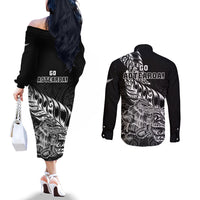 New Zealand Silver Fern Rugby Couples Matching Off The Shoulder Long Sleeve Dress and Long Sleeve Button Shirts Aotearoa Kiwi Maori Black Version LT01 - Polynesian Pride