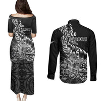 New Zealand Silver Fern Rugby Couples Matching Puletasi Dress and Long Sleeve Button Shirts Aotearoa Kiwi Maori Black Version LT01 - Polynesian Pride