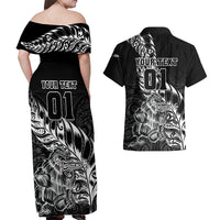 Custom New Zealand Silver Fern Rugby Couples Matching Off Shoulder Maxi Dress and Hawaiian Shirt Aotearoa Kiwi Maori Black Version LT01 - Polynesian Pride