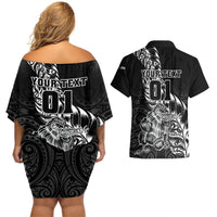 Custom New Zealand Silver Fern Rugby Couples Matching Off Shoulder Short Dress and Hawaiian Shirt Aotearoa Kiwi Maori Black Version LT01 - Polynesian Pride