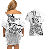 New Zealand Silver Fern Rugby Couples Matching Off Shoulder Short Dress and Hawaiian Shirt Aotearoa Kiwi Maori White Version LT01 - Polynesian Pride