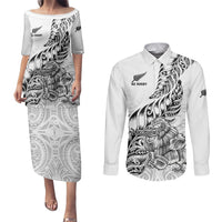 Custom New Zealand Silver Fern Rugby Couples Matching Puletasi Dress and Long Sleeve Button Shirts Aotearoa Kiwi Maori White Version LT01 White - Polynesian Pride