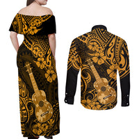Hawaii Ukulele Couples Matching Off Shoulder Maxi Dress and Long Sleeve Button Shirts Polynesian Pattern Gold Version LT01 - Polynesian Pride