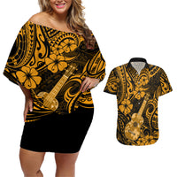 Hawaii Ukulele Couples Matching Off Shoulder Short Dress and Hawaiian Shirt Polynesian Pattern Gold Version LT01 Gold - Polynesian Pride