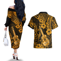 Hawaii Ukulele Couples Matching Off The Shoulder Long Sleeve Dress and Hawaiian Shirt Polynesian Pattern Gold Version LT01 - Polynesian Pride