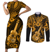 Hawaii Ukulele Couples Matching Short Sleeve Bodycon Dress and Long Sleeve Button Shirts Polynesian Pattern Gold Version LT01 Gold - Polynesian Pride