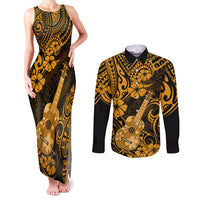 Hawaii Ukulele Couples Matching Tank Maxi Dress and Long Sleeve Button Shirts Polynesian Pattern Gold Version LT01 Gold - Polynesian Pride
