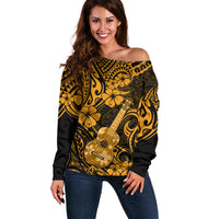 Hawaii Ukulele Off Shoulder Sweater Polynesian Pattern Gold Version LT01 Women Gold - Polynesian Pride