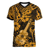 Hawaii Ukulele Women V Neck T Shirt Polynesian Pattern Gold Version LT01 Female Gold - Polynesian Pride