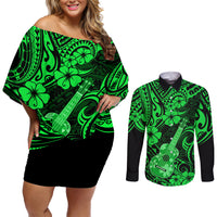 Hawaii Ukulele Couples Matching Off Shoulder Short Dress and Long Sleeve Button Shirts Polynesian Pattern Green Version LT01 Green - Polynesian Pride