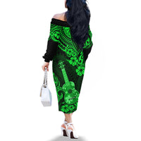 Hawaii Ukulele Family Matching Off Shoulder Long Sleeve Dress and Hawaiian Shirt Polynesian Pattern Green Version LT01 - Polynesian Pride