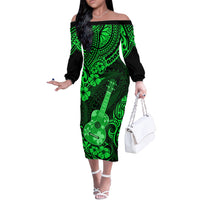 Hawaii Ukulele Off The Shoulder Long Sleeve Dress Polynesian Pattern Green Version LT01 Women Green - Polynesian Pride