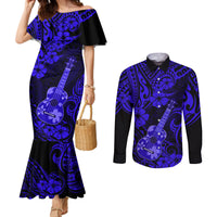 Hawaii Ukulele Couples Matching Mermaid Dress and Long Sleeve Button Shirts Polynesian Pattern Navy Blue Version LT01 Blue - Polynesian Pride