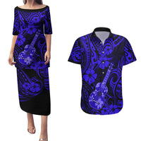 Hawaii Ukulele Couples Matching Puletasi Dress and Hawaiian Shirt Polynesian Pattern Navy Blue Version LT01 Blue - Polynesian Pride