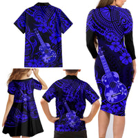 Hawaii Ukulele Family Matching Long Sleeve Bodycon Dress and Hawaiian Shirt Polynesian Pattern Navy Blue Version LT01 - Polynesian Pride