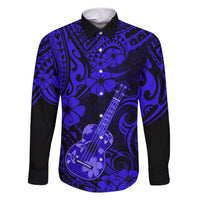 Hawaii Ukulele Family Matching Short Sleeve Bodycon Dress and Hawaiian Shirt Polynesian Pattern Navy Blue Version LT01 Dad's Shirt - Long Sleeve Blue - Polynesian Pride