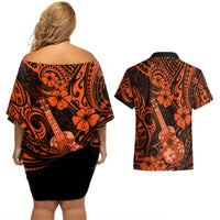 Hawaii Ukulele Couples Matching Off Shoulder Short Dress and Hawaiian Shirt Polynesian Pattern Orange Version LT01 - Polynesian Pride