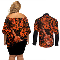 Hawaii Ukulele Couples Matching Off Shoulder Short Dress and Long Sleeve Button Shirts Polynesian Pattern Orange Version LT01 - Polynesian Pride
