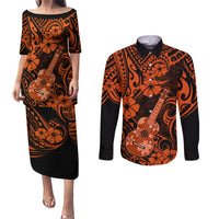 Hawaii Ukulele Couples Matching Puletasi Dress and Long Sleeve Button Shirts Polynesian Pattern Orange Version LT01 Orange - Polynesian Pride