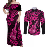 Hawaii Ukulele Couples Matching Off Shoulder Maxi Dress and Long Sleeve Button Shirts Polynesian Pattern Pink Version LT01 Pink - Polynesian Pride