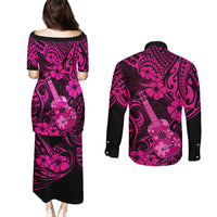 Hawaii Ukulele Couples Matching Puletasi Dress and Long Sleeve Button Shirts Polynesian Pattern Pink Version LT01 - Polynesian Pride
