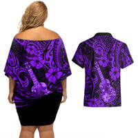 Hawaii Ukulele Couples Matching Off Shoulder Short Dress and Hawaiian Shirt Polynesian Pattern Purple Version LT01 - Polynesian Pride