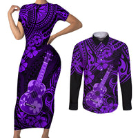 Hawaii Ukulele Couples Matching Short Sleeve Bodycon Dress and Long Sleeve Button Shirts Polynesian Pattern Purple Version LT01 Purple - Polynesian Pride