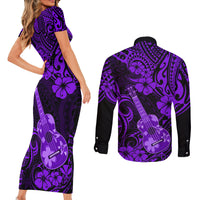 Hawaii Ukulele Couples Matching Short Sleeve Bodycon Dress and Long Sleeve Button Shirts Polynesian Pattern Purple Version LT01 - Polynesian Pride