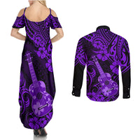 Hawaii Ukulele Couples Matching Summer Maxi Dress and Long Sleeve Button Shirts Polynesian Pattern Purple Version LT01 - Polynesian Pride