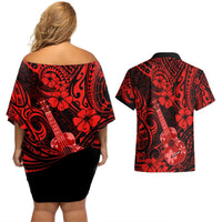 Hawaii Ukulele Couples Matching Off Shoulder Short Dress and Hawaiian Shirt Polynesian Pattern Red Version LT01 - Polynesian Pride